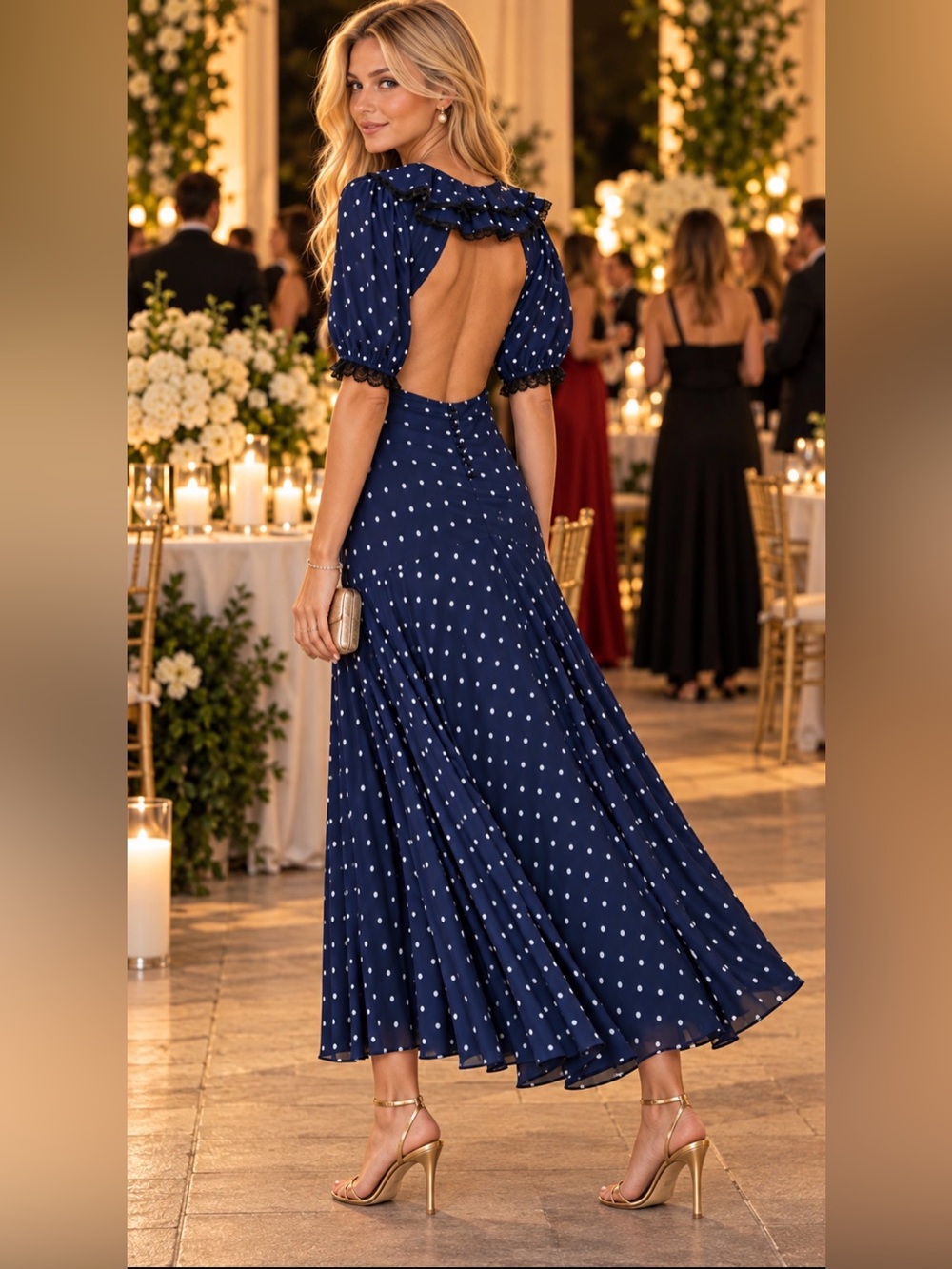 Reformation Navy Polka Dot Open-Back Dress